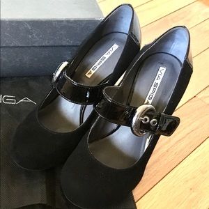 Via Spiga platform velvet wedge pumps heels